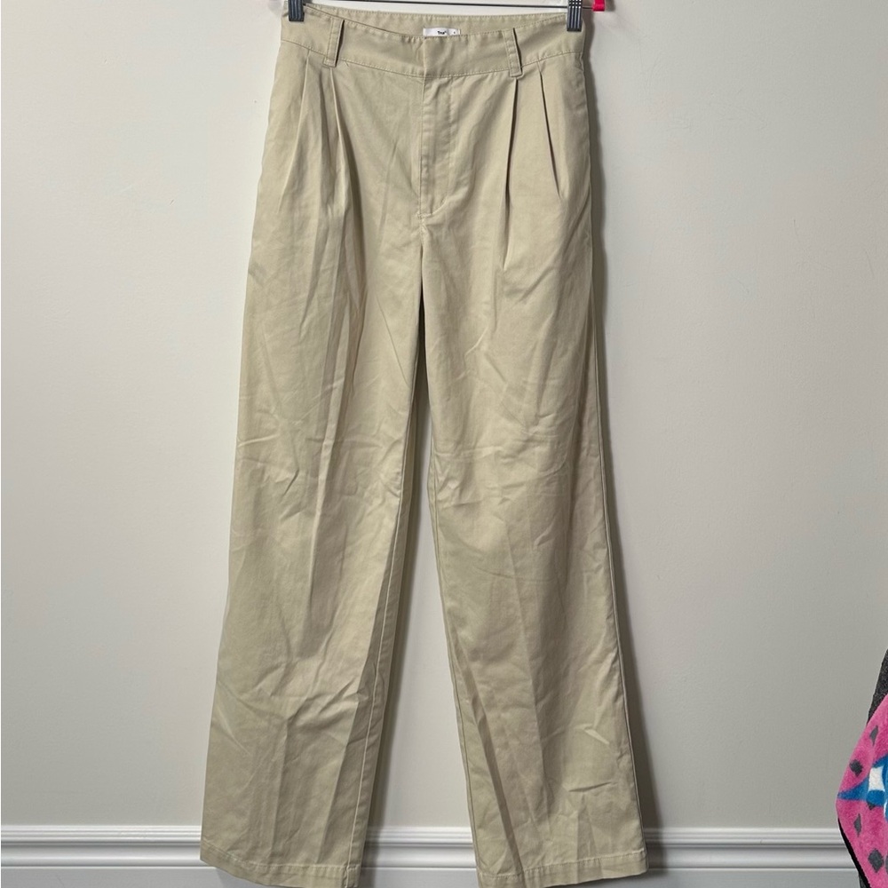 TNA womens beige khaki pleated high waist wide straight leg crawford pants, 4 US